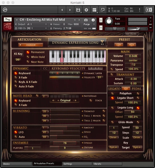 Ensemble Strings GUI Articulations Screen